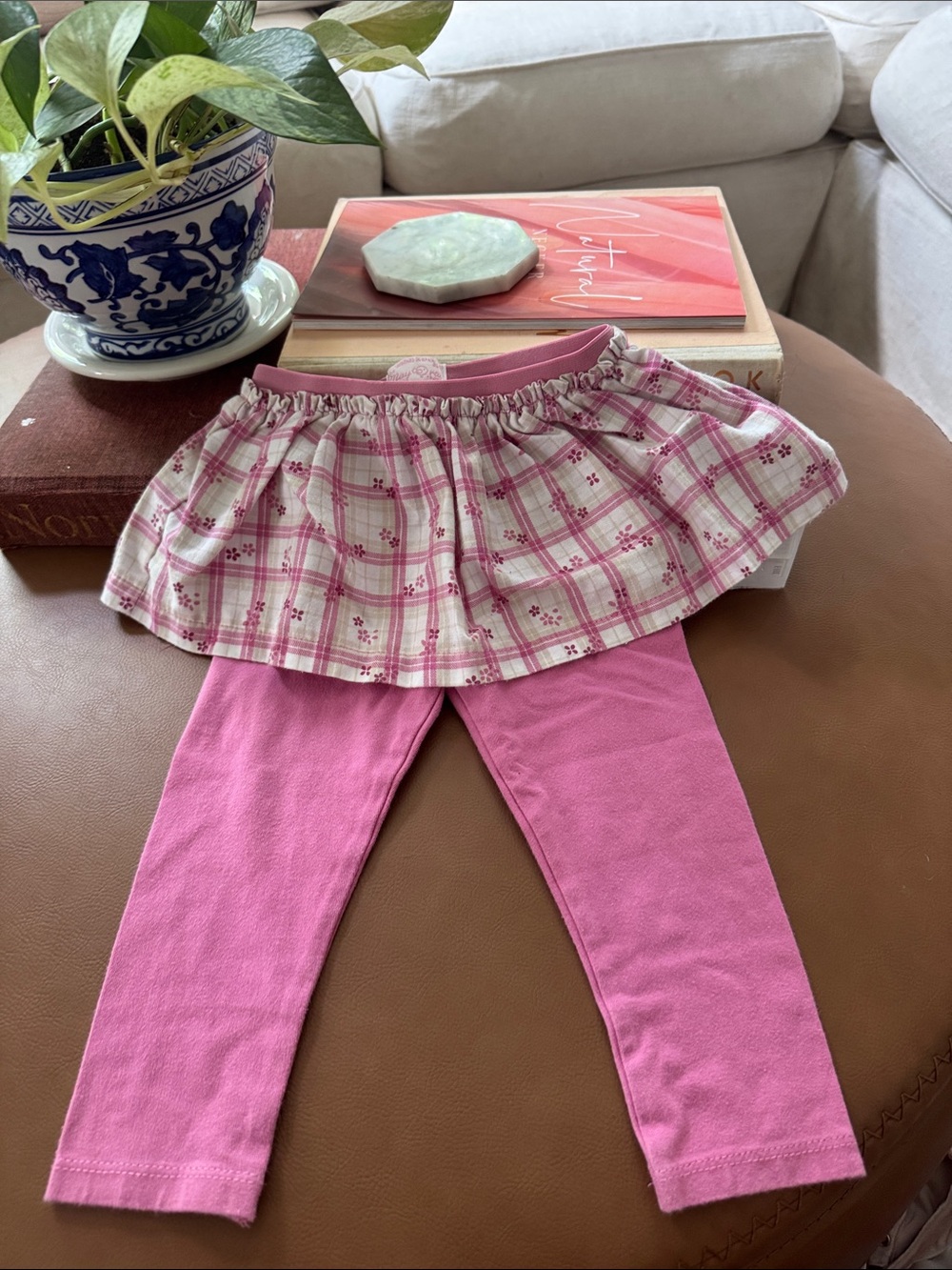 Girls Pink Skirted Leggings with Plaid Ruffle